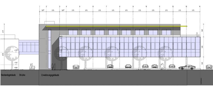 Vorentwurfsstudie Architekt Volker Hetzel, so könnte der Erweiterungsbau aussehen, Ansicht Friedrichstraße. 