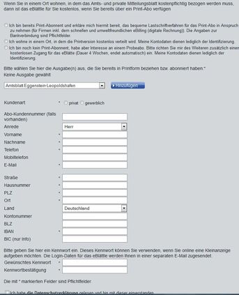 Kundendaten-Eingabe auf www.eblättle.de