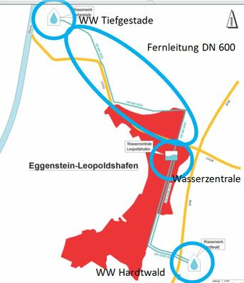 Skizze Wasserversorgung mit Wasserwerk Tiefgestade und Wasserwerk Sportplatzweg