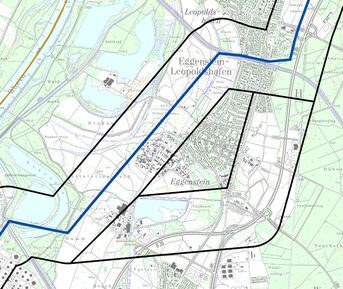 mögliche Trassenverläufe - erst einmal bis zu 1.000 Meter breit. Blau = Bestand, Alternative entlang der B36