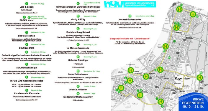Foto Flyer Innenseite mit teilnehmenden Geschäften und der Route des Bähnle.