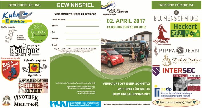 Flyer 04/2017 außen mit Logos der teilnehmenden Geschäften und dem Gewinnspiel