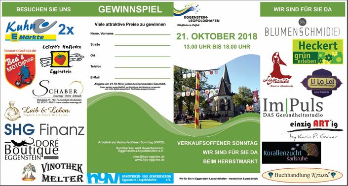Flyer 10/2018 außen mit Logos der teilnehmenden Geschäften und dem Gewinnspiel