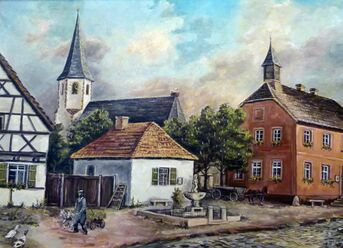 Bild von Gräupner mit Ansicht des alten Rathauses mit dem Dr.-Esser-Brunnen. Der Brunnen stand dort bis zum Abriss des Rathauses 1964.