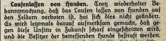 Foto: Orts-Nachrichten 1949 "Laufenlassen von Hunden"