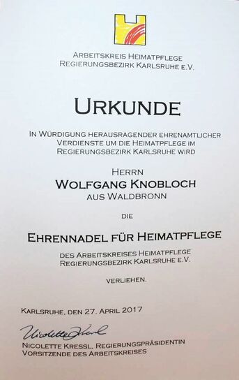 Urkunde zur Verleihung Ehrennadel Heimatpflege